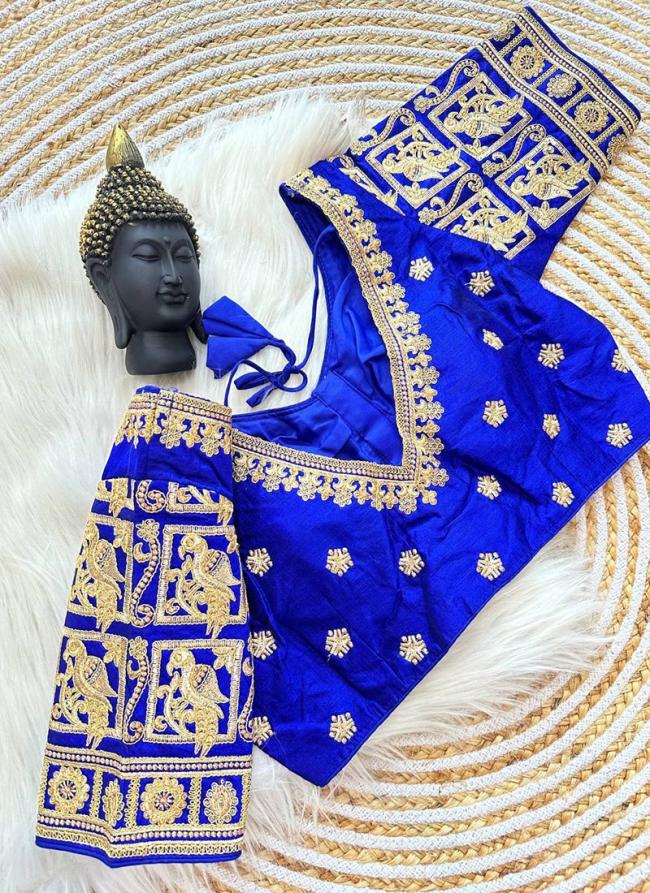 Pure Raw Silk Royal Blue Wedding Wear Embroidery Work Readymade Blouse